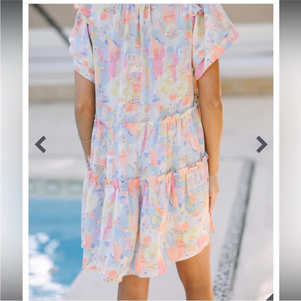 Entro NWOT Pastel Santorini Print Tiered Mini Dress Ruffle Sleeves Babydoll Med - Picture 4 of 8